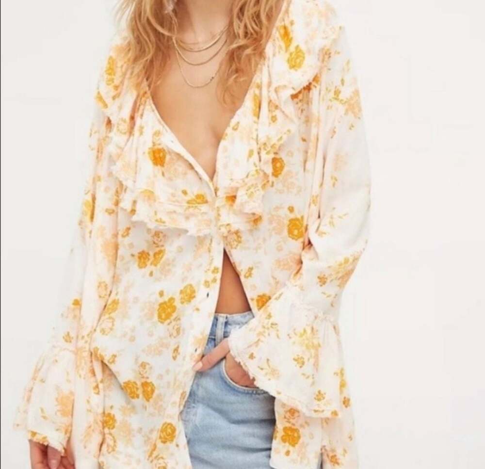 Free People Loretta Printed Oversized Ruffle Bell Sleeve Tunic Top in Tea Combo